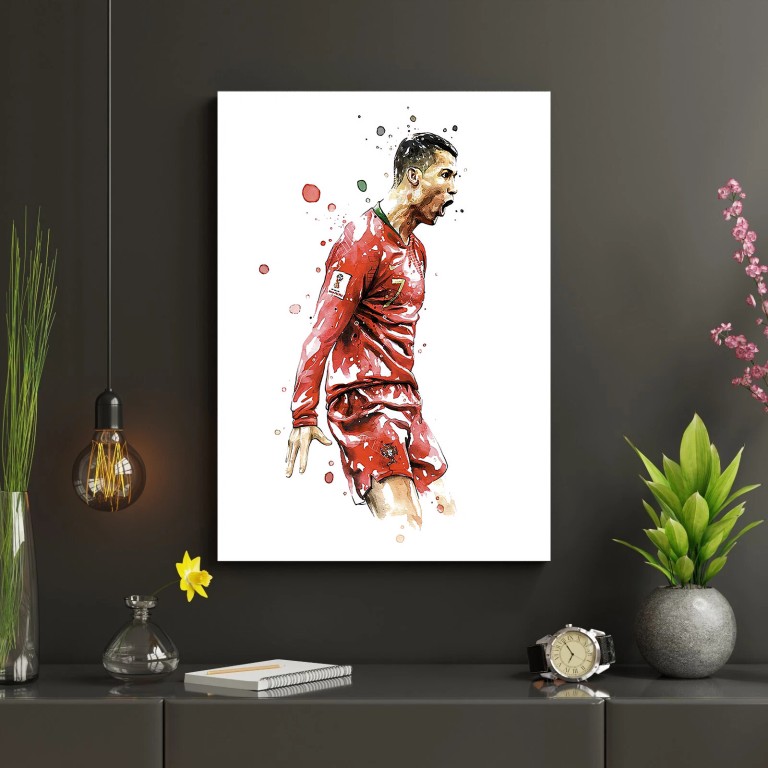 Hiqualart Ronaldo Soccer Player Canvas Wall Art – Watercolor Soccer Poster, Waterproof Fabric and Wooden Frame