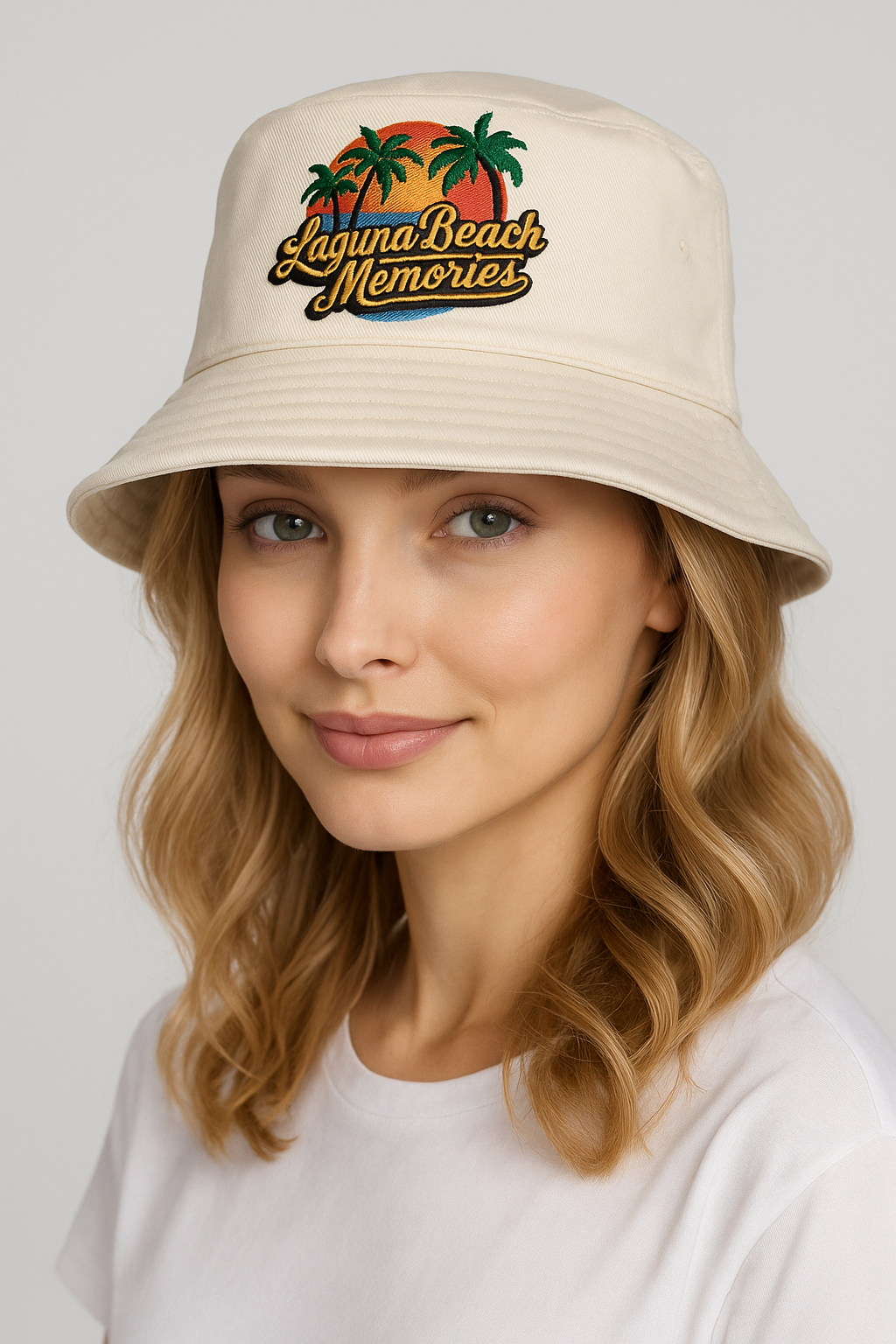 Laguna Beach Memories Reversible Creme and White 2 Colored Embroidered Bucket Hat  – Unisex Summer Hat | Hiqualart