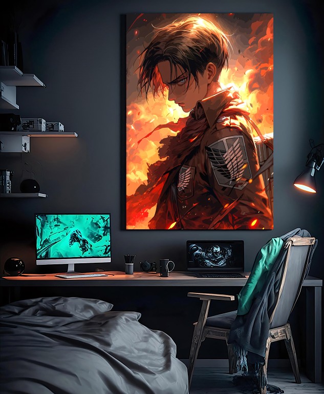 Hiqualart Levi Ackerman Canvas Wall Art – Attack on Titan Anime Poster, Waterproof Fabric and Wooden Frame