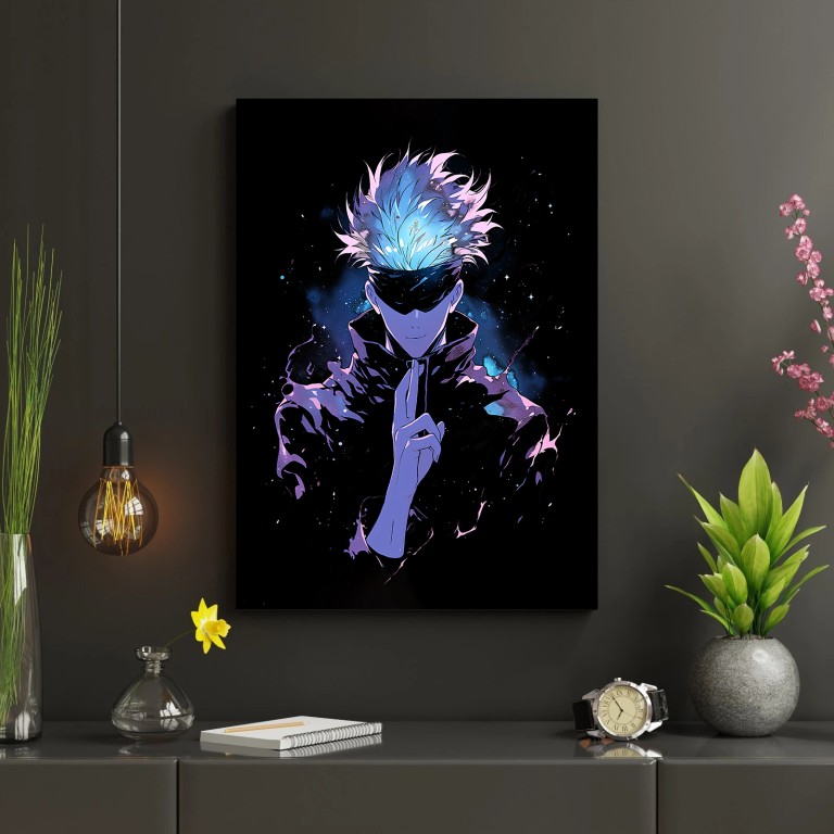 Hiqualart Gojo Satoru Canvas Wall Art – Jujutsu Kaisen Anime Poster, Waterproof Fabric and Wooden Frame